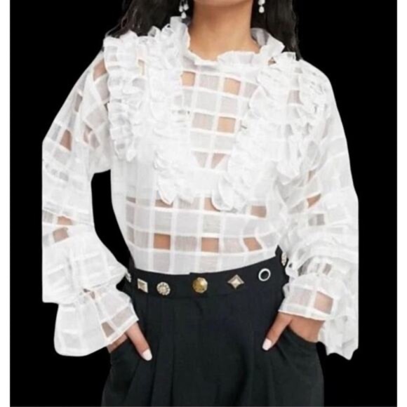 Sister Jane sheer White Ruffled checkered Blouse M - Picture 6 of 6
